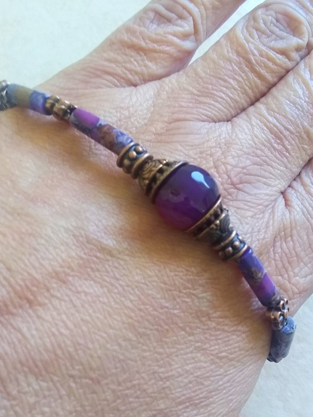 Purple Sea Sediment Jasper + Agate Bracelet - Slim-Line Boho Chic Gypsy Bracelet - Picture 4 of 9